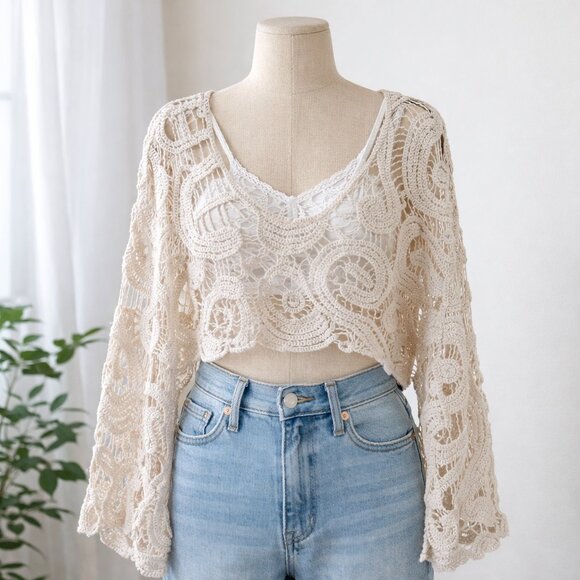 Miracle Sweaters - Miracle Boho Crochet Lace Crop Top Festival Sheer Long Sleeve Ivory M/L NEW